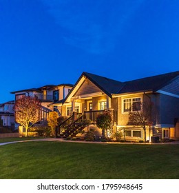 Luxury House At Night With Fantastic Glow Lights In Vancouver, Canada.