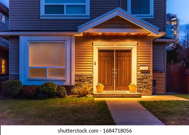 Luxury House At Night In Vancouver, Canada.