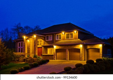 Luxury House At Night In Vancouver, Canada.