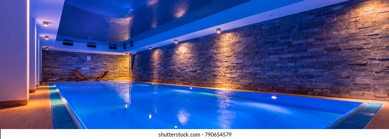 Luxury Indoor Swimming Pool In Modern Hotel Spa, Panorama