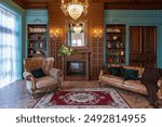 Luxury interior of home library. Sitting room with elegant furniture