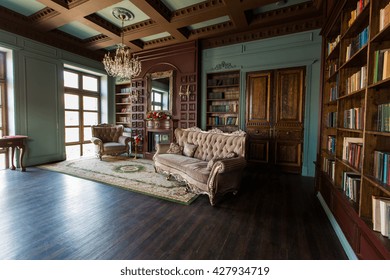 Luxury Interior Of Home Library. Sitting Room With Elegant Furniture