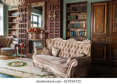 Luxury Interior Of Home Library. Sitting Room With Elegant Furniture