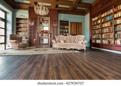 Luxury Interior Of Home Library. Sitting Room With Elegant Furniture