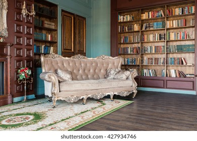 Luxury Interior Of Home Library. Sitting Room With Elegant Furniture