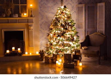 Luxury Interior Of Living Room With Decorated Christmas Tree And Gifts On The Wooden Floor.