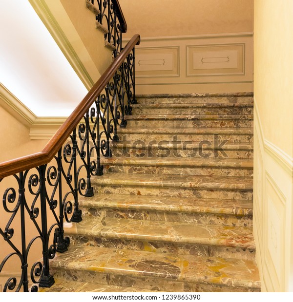 Luxury Interior Marble Staircase Wroughtiron Railing