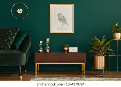 Luxury Interior With Stylish Velvet Sofa, Wooden Commode, Mock Up Poster Frame, Plants, Gold Decoration And Elegant Personal Accessories. Modern Living Room In Classic House. Template.