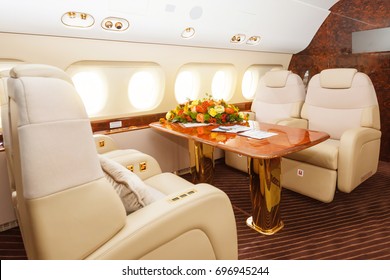 Luxury Interior In Warm Colors Of Genuine Leather In The Modern Business Jet