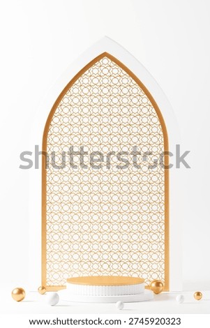 Luxury Islamic template for Ramadan or Eid promotion with a luxurious White podium with metallic Neon Maple color mosque window frame behind the podium.