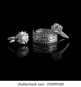 Luxury Jewelry. White Gold Or Silver Rings With Diamonds. Selective Focus.