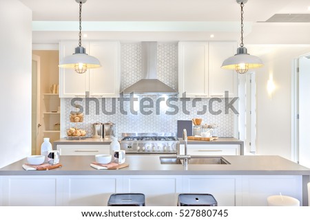 Luxury kitchen with the counter and stoves under lights near chimney