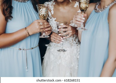 luxury life concept. gorgeous bride and bridesmaids toasting with champagne and having fun in hotel room, wedding morning. hands holding stylish glasses with drinks. space for text. - Powered by Shutterstock