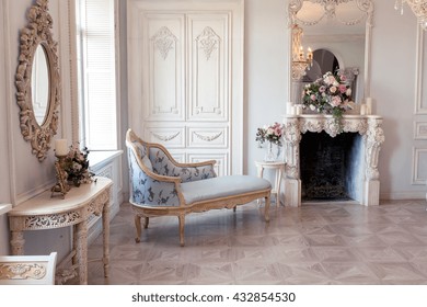 Luxury Light Interior Of Sitting Room With Old Stylish Vintage Furniture.