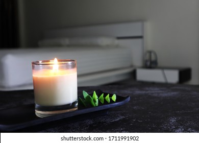 The Luxury Lighting Aromatic Scent Amber Color And Clear Glass Candles Are Displayed In The Minimal Design White Bed Room