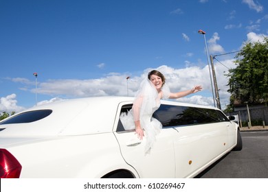 Luxury Limo Limousine With A Bride Under Blue Sky