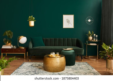 Luxury living room in house with modern interior design, green velvet sofa, coffee table, pouf, gold decoration, plant, commode, carpet, mock up poster frame and elegant accessories. Template. - Shutterstock ID 1875804403
