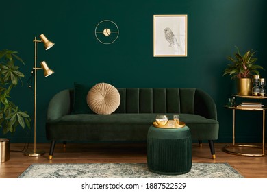 Luxury living room in house with modern interior design, green velvet sofa, coffee table, pouf, gold decoration, plant, lamp, carpet, mock up poster frame and elegant accessories. Template. - Shutterstock ID 1887522529
