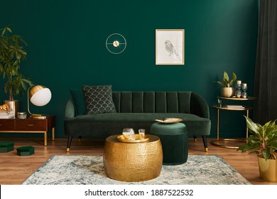 Luxury living room in house with modern interior design, green velvet sofa, coffee table, pouf, gold decoration, plant, lamp, carpet, mock up poster frame and elegant accessories. Template. - Shutterstock ID 1887522532