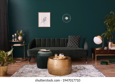 Luxury living room in house with modern interior design, green velvet sofa, coffee table, pouf, gold decoration, plant, lamp, carpet, mock up poster frame and elegant accessories. Template. - Shutterstock ID 1947017710