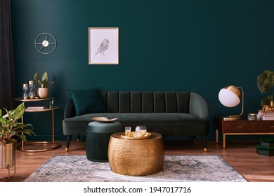 Luxury living room in house with modern interior design, green velvet sofa, coffee table, pouf, gold decoration, plant, lamp, carpet, mock up poster frame and elegant accessories. Template.  - Shutterstock ID 1947017716