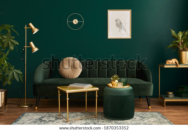 Luxury living room in house with modern interior design,\
green velvet sofa, coffee table, pouf, gold decoration, plant,\
lamp, carpet, mock up poster frame and elegant accessories.\
Template. 