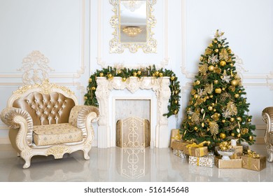 Luxury Living Room Interior Decorated With Chic Christmas Tree