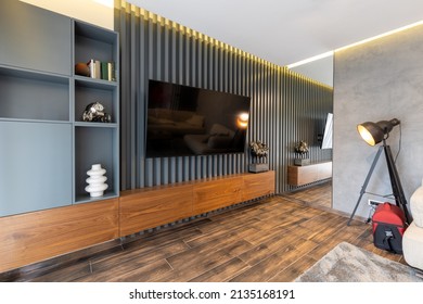 Luxury living room interior with wood slat wall