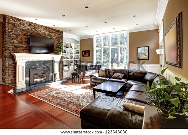 Luxury Living Room Stone Fireplace Leather Stock Photo Edit Now