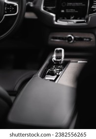 Luxury machine interior, crystal automatic shifter.
New car salon. 
Automobile concept .