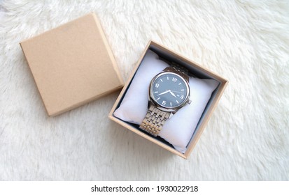 Luxury Male Wristwatches In Gift Box Or Case Overhead View