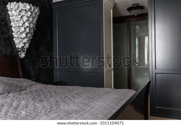 Luxury Master Bedroom Dark Colours Black Interiors Stock Image