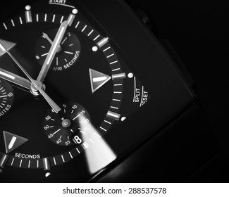 Luxury Mens Chronograph Watch Made Of Black High-tech Ceramics With Sapphire Glass. Close-up Studio Photo With Selective Focus