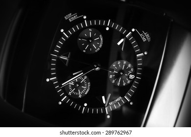 Luxury Mens Chronograph Watch Made Of High-tech Ceramics With Sapphire Glass. Close-up Black And White Studio Photo With Selective Focus