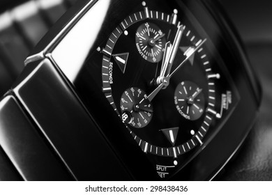 Luxury Mens Chronograph Watch Made Of Black High-tech Ceramics. Close-up Studio Photo With Selective Focus