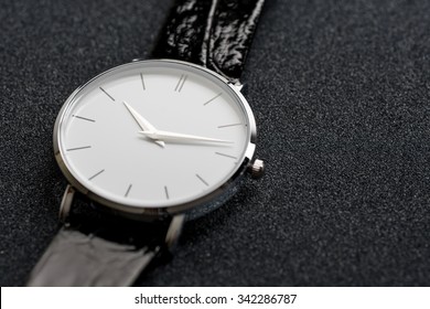 Luxury Mens Watch Made Of Black High-tech Ceramics. Close-up Studio Photo With Selective Focus.