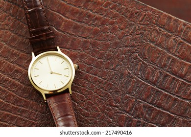 Luxury Men's Watch On Leather, Close Up 