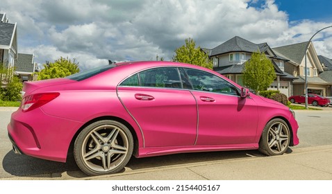 Luxury Mercedes Benz CLA Class Car With Futuristic Design In Pink Color-April 7,2022- Vancouver BC, Canada. Street View, Travel Photo, Editorial, Nobody.