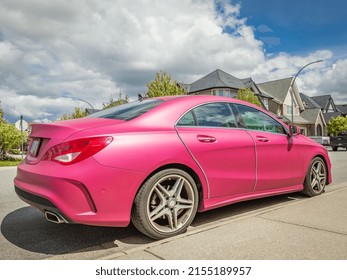 Luxury Mercedes Benz CLA Class Car With Futuristic Design In Pink Color-April 7,2022- Vancouver BC, Canada. Street View, Travel Photo, Editorial, Nobody.