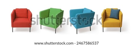 Luxury modern armchair, different angles and colors, isolated on white background