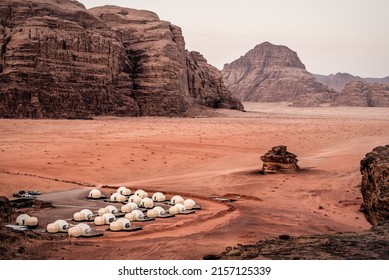 Luxury modern camping in red Wadi Rum desert. Jordan. Martian landscape - Shutterstock ID 2157125339
