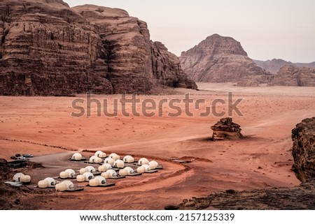 Luxury modern camping in red Wadi Rum desert. Jordan. Martian landscape