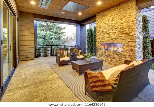 Luxury Modern Deck Exterior Stone Fireplace Stock Photo Edit Now