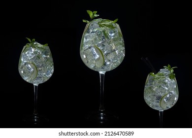 Luxury Mojito In A Large Glass On A Black Background, An Alcoholic Cocktail In A Chic Restaurant