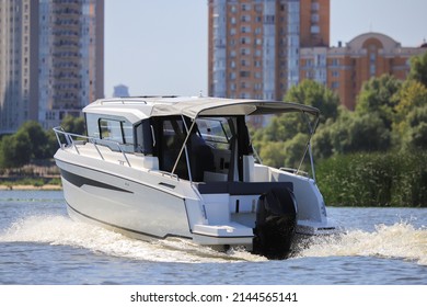 Luxury motorboat floating on the river