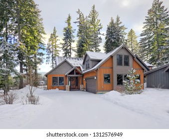 Luxury Mountain Home Exterior With Snow And Cedar Wooden Brown Large House