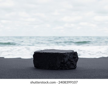 Luxury natural Dark stone podium for beauty brand product placement above black sand with beach sea view background. Minimal trendy mockup template. - Powered by Shutterstock