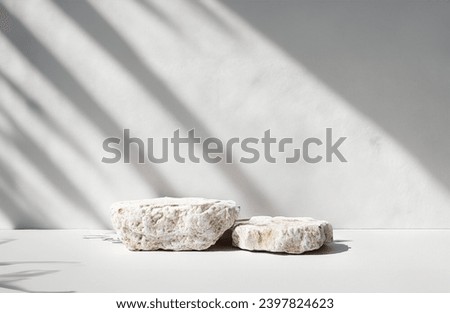 Luxury Natural Rough Rock stone Podium with plant shadow on Gray wall for product placement display.  template for Skin care or cosmetics scene platform .