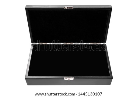 Luxury open black box isolated on white background. Open black wooden box.