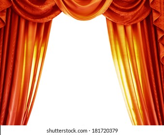 Luxury orange curtains isolated on white background, abstract border, open curtain on the theater, theatrical performance concept